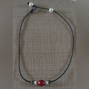 Brand New Handmade Red, White & Peacock Pearl & Black Leather Necklace